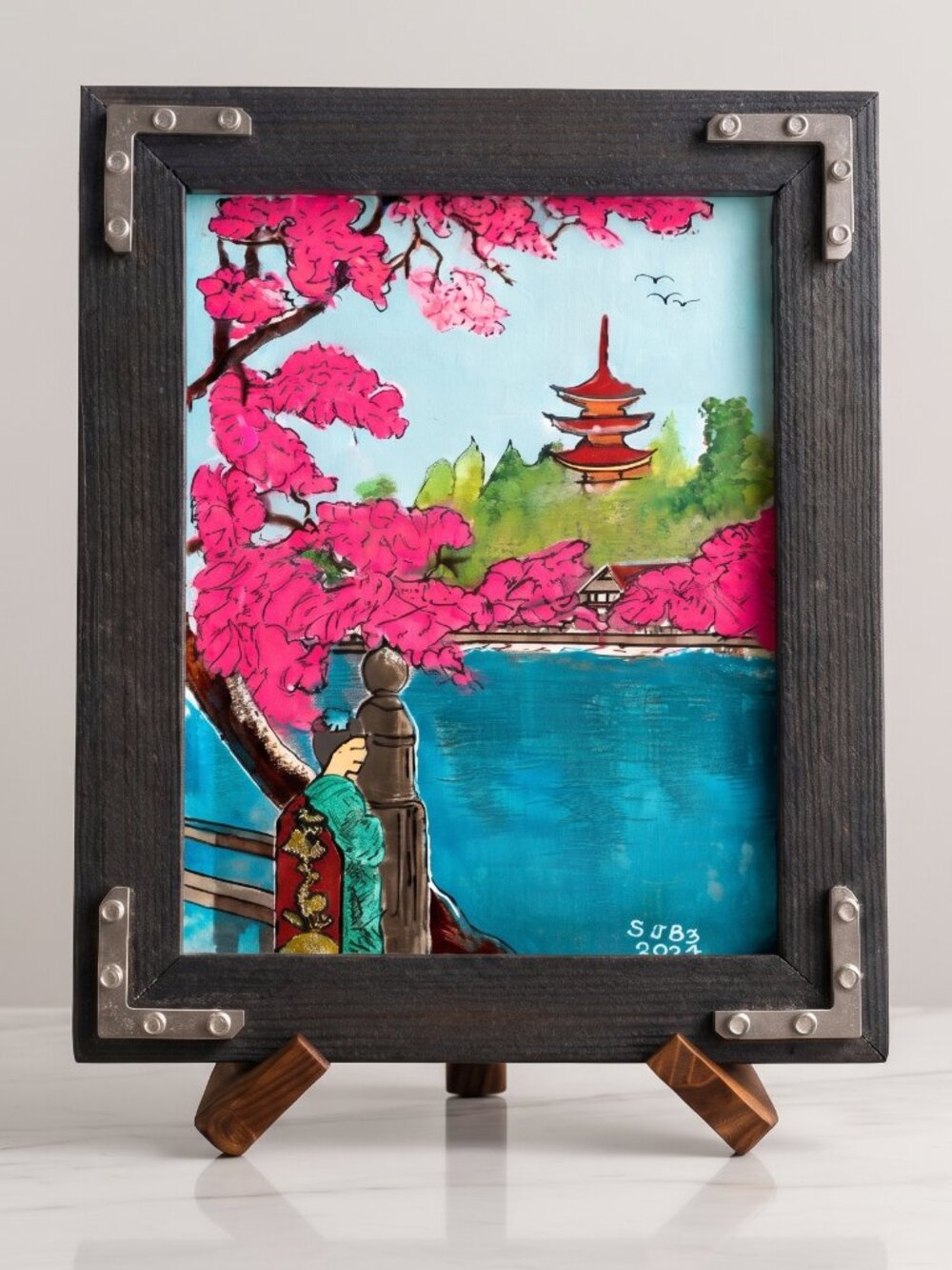 Hand Painted Cherry Blossom Japan Landscape Acrylic Painting Framed 11x14